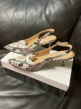 Alfani Beige and Black Snake-Print Slingback Kitten Heels